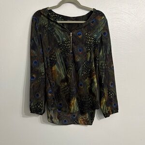 Zac & Rachel Peacock Feather Print Women's Top | Long Sleeve Blouse | Size Small